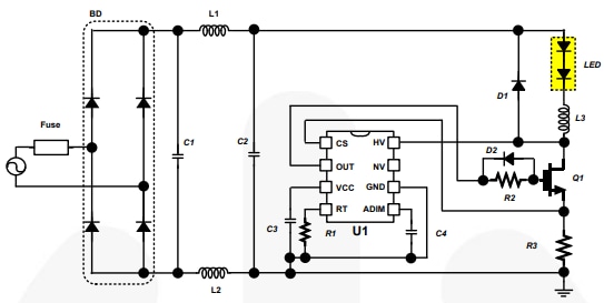 Application Circuit Diagram - onsemi FL7701MX Low-Power LED Driver